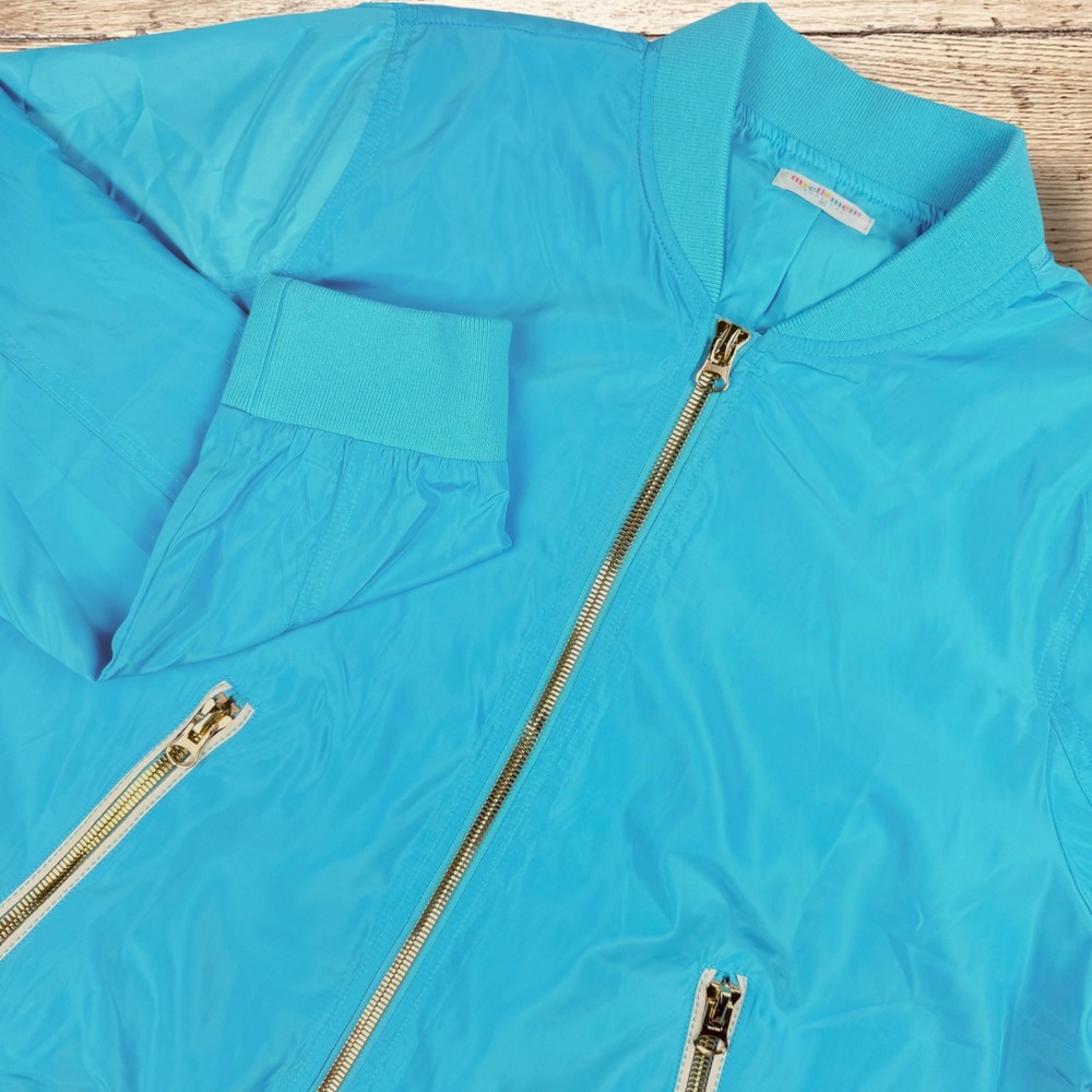 Myellement Womens Rosie Bomber Jacket Gold Zippers Ribbed Cuffs Size Xl Blue